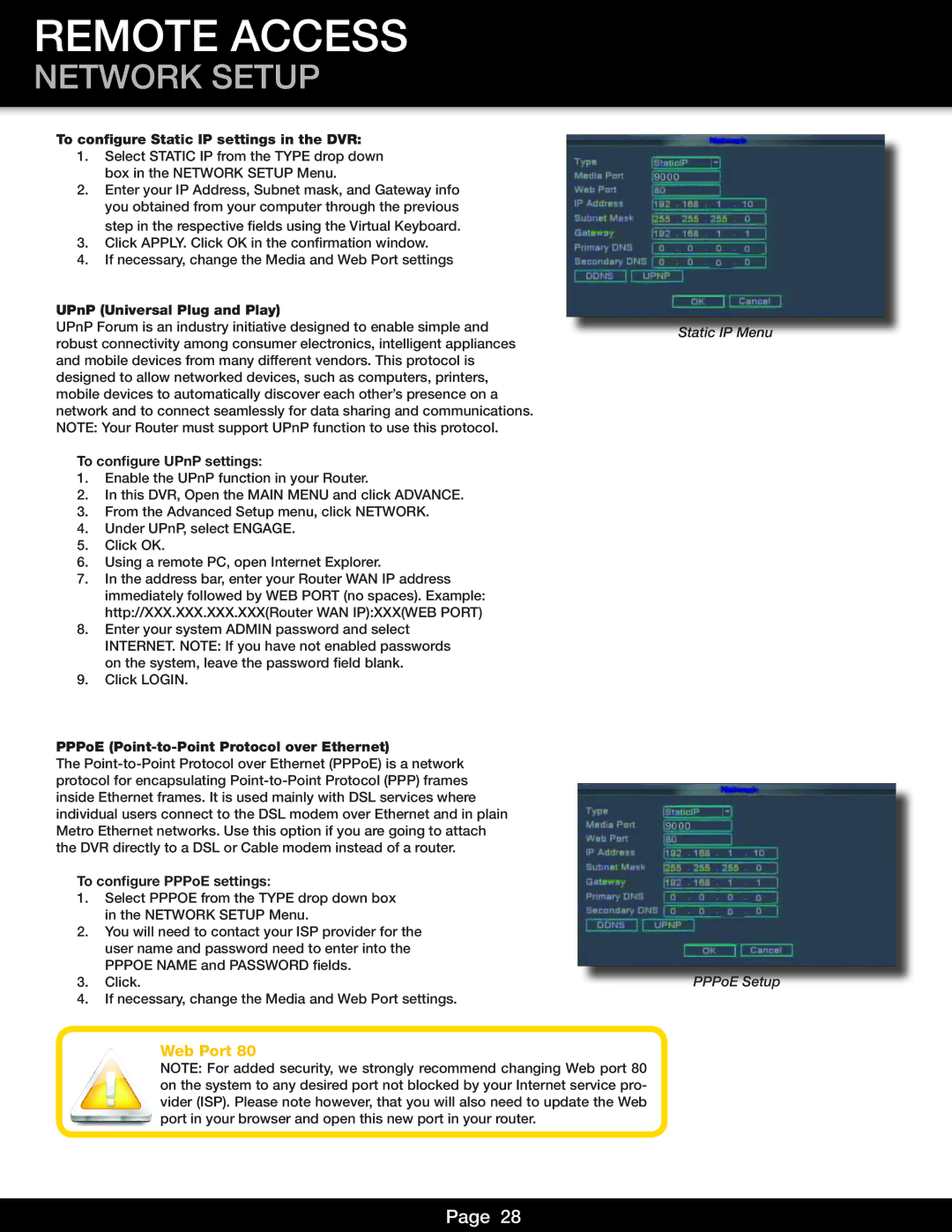 First Alert DVR0805 To configure Static IP settings in the DVR, UPnP Universal Plug and Play, To configure UPnP settings 