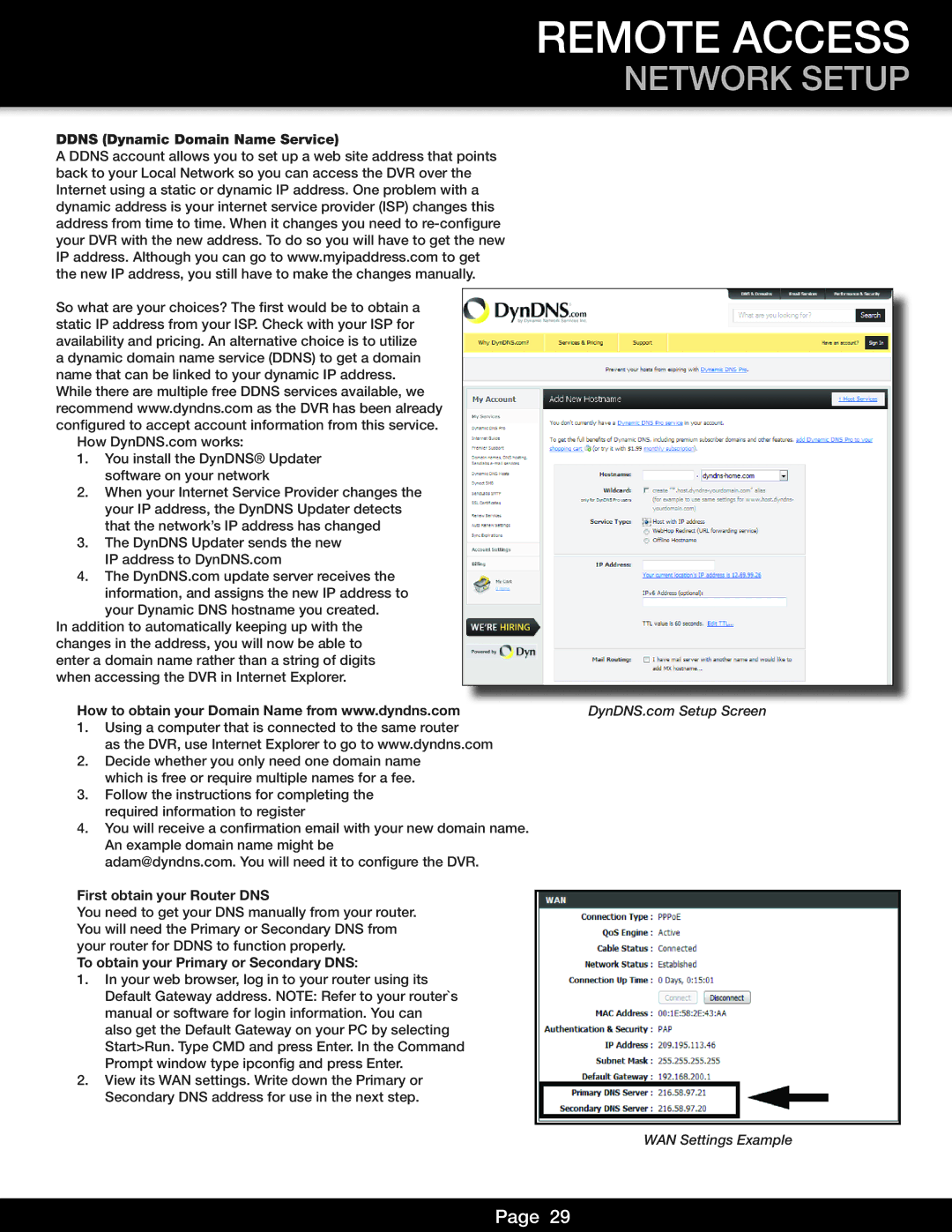 First Alert DVR0810, DVR0805 Ddns Dynamic Domain Name Service, First obtain your Router DNS, WAN Settings Example 