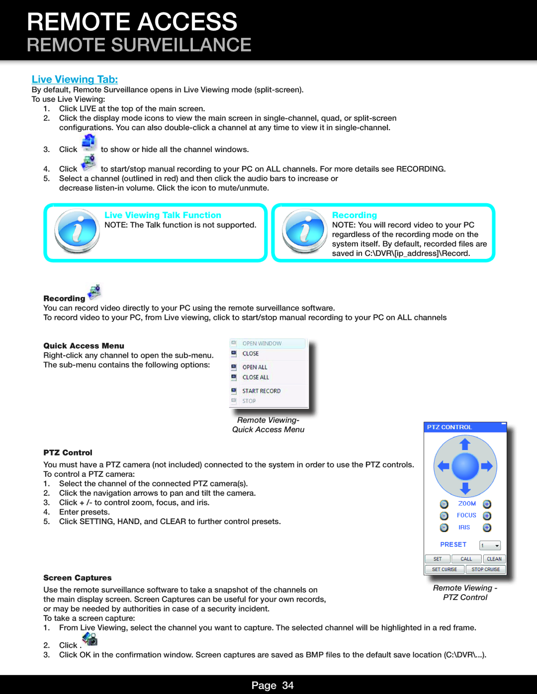 First Alert DVR0805, DVR0810 user manual Live Viewing Tab, Live Viewing Talk Function Recording 