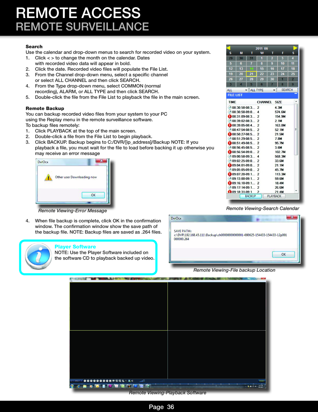 First Alert DVR0805 Player Software, Remote Backup, Remote Viewing-Error Message Remote Viewing-Search Calendar 