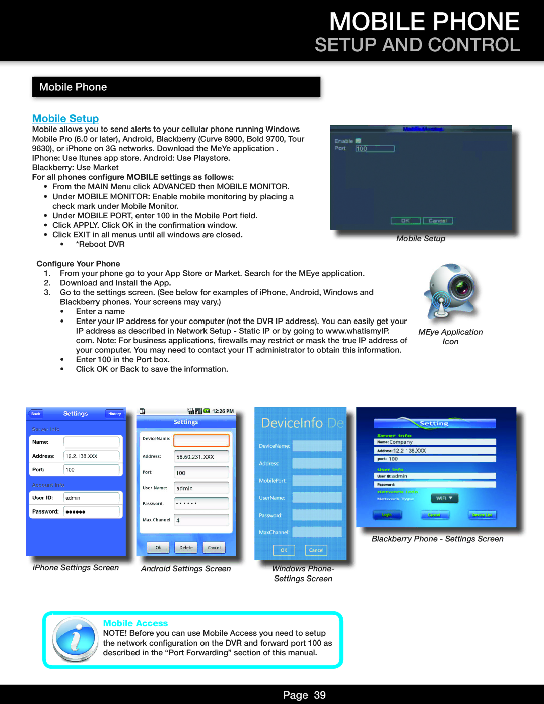 First Alert DVR0810, DVR0805 user manual Mobile Phone, Setup and Control, Mobile Setup, Mobile Access 