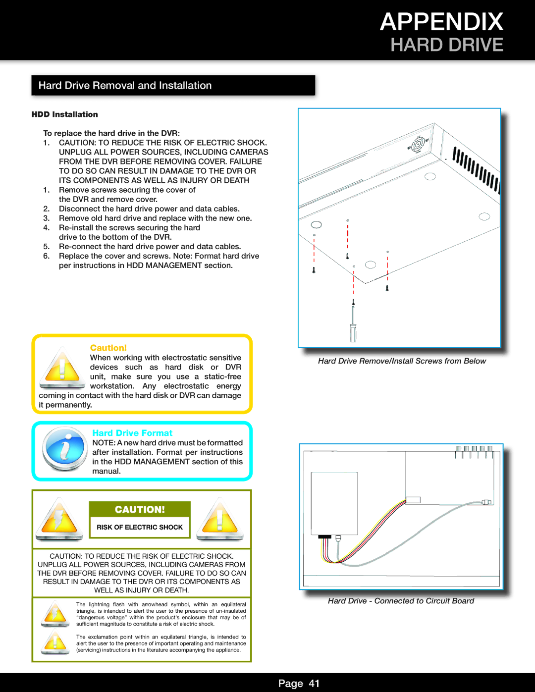 First Alert DVR0810, DVR0805 user manual Appendix, Hard Drive Removal and Installation, Hard Drive Format 