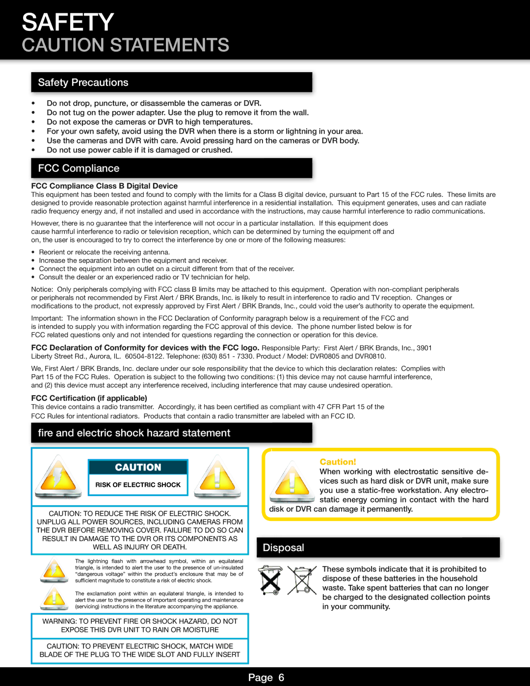 First Alert DVR0805, DVR0810 Safety Precautions, FCC Compliance, Fire and electric shock hazard statement, Disposal 