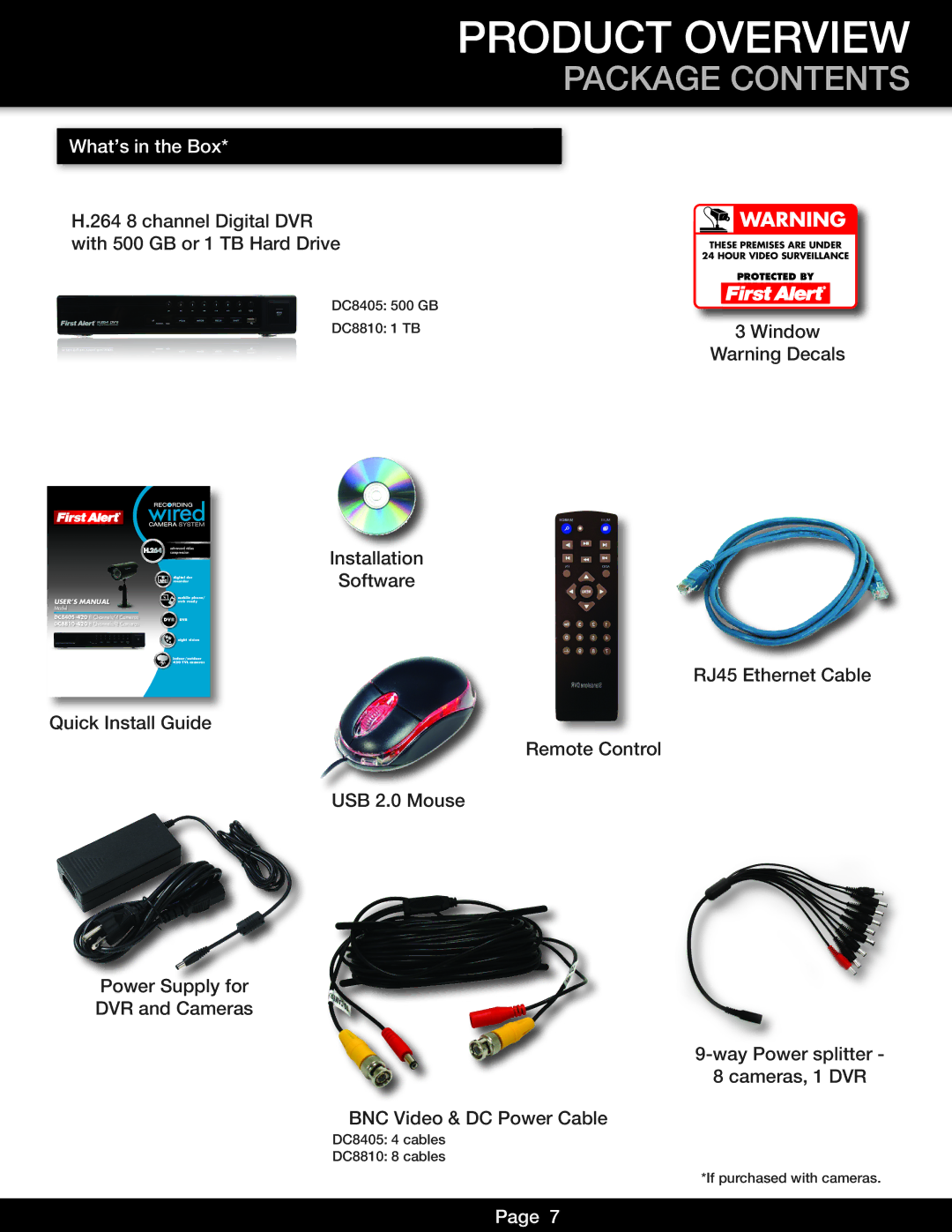 First Alert DVR0810, DVR0805 user manual Product Overview, Package Contents 