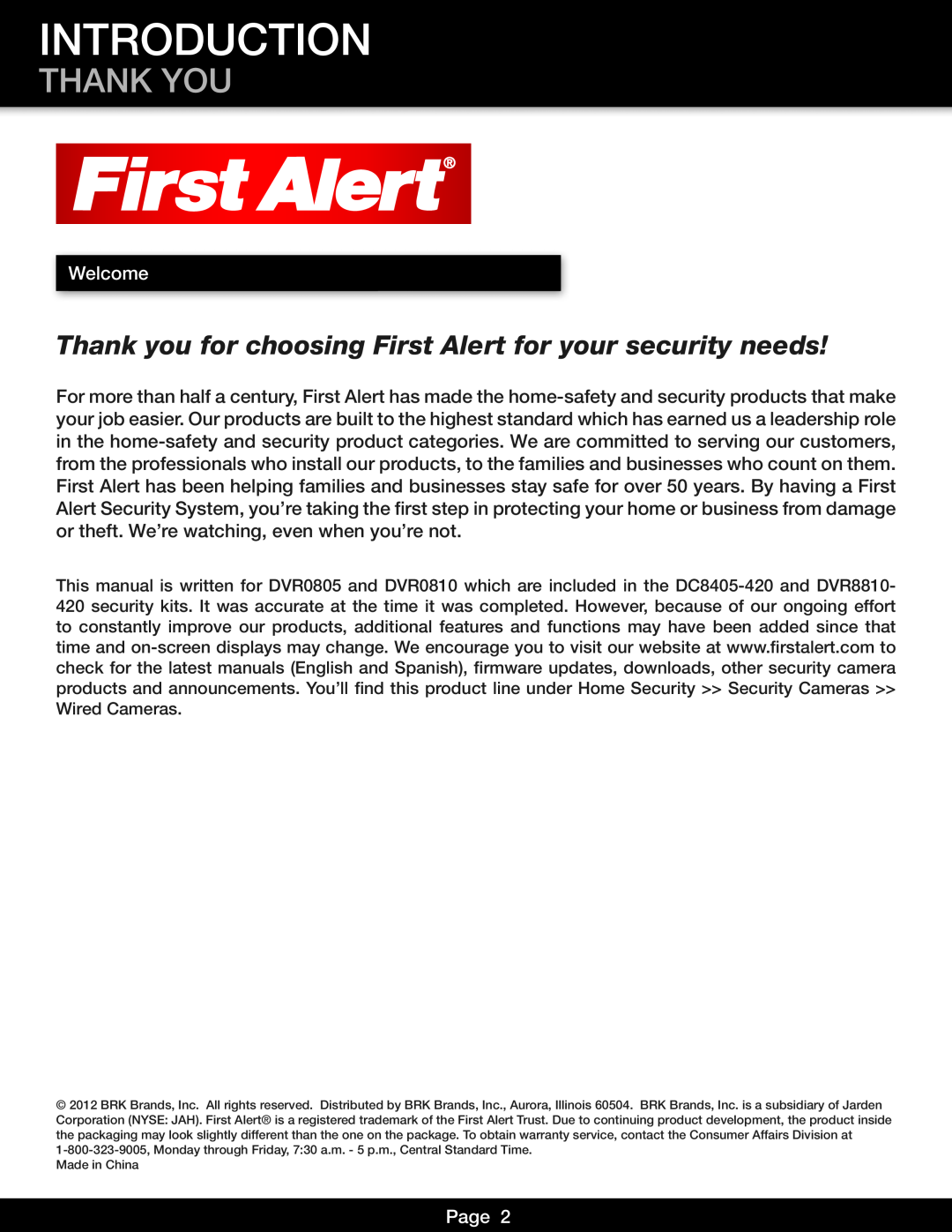 First Alert DVR0805 Introduction, Thank You, Thank you for choosing First Alert for your security needs, Welcome, Page 