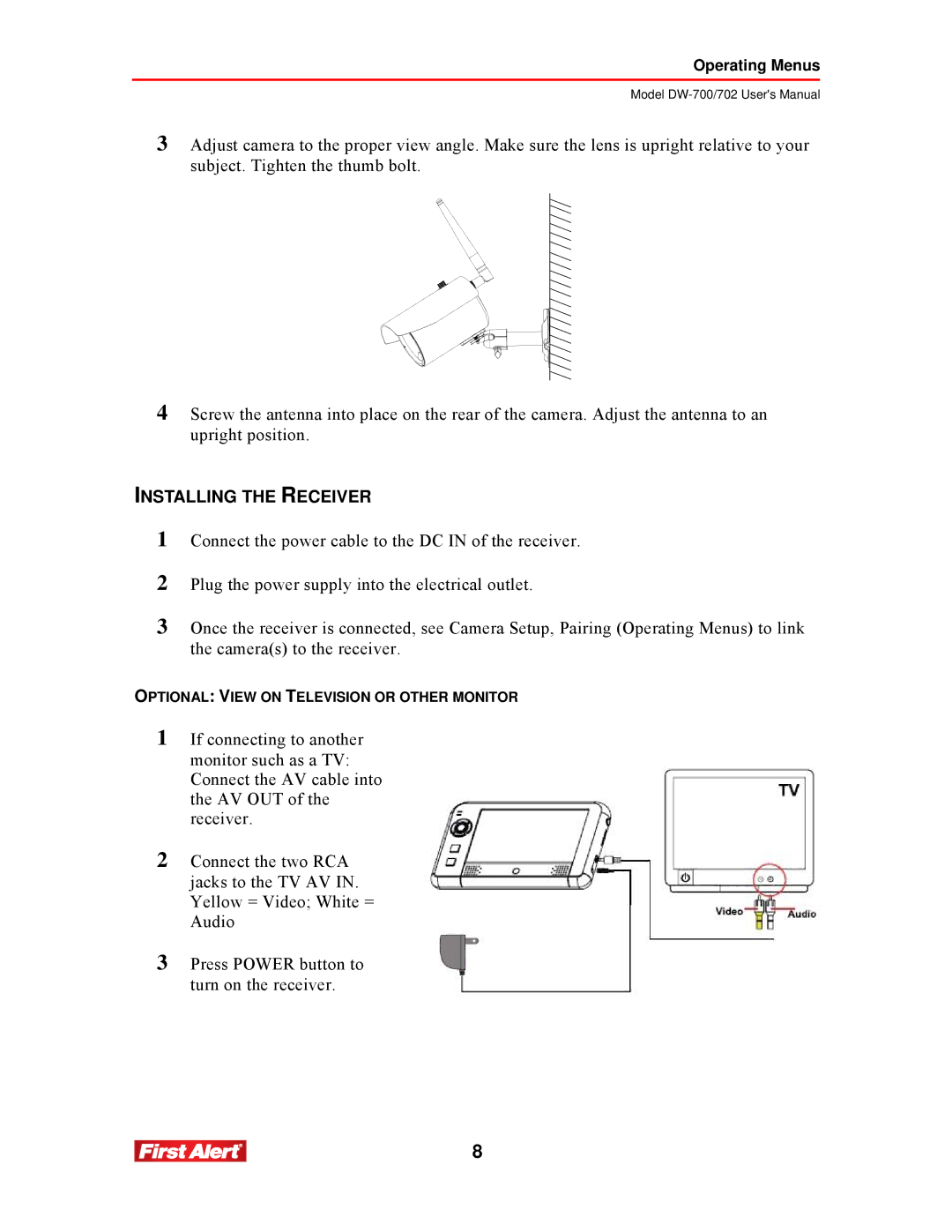 First Alert DW-700, DW-702 user manual Installing the Receiver 