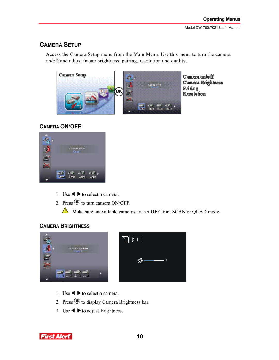 First Alert DW-700, DW-702 user manual Camera ON/OFF, Camera Setup 