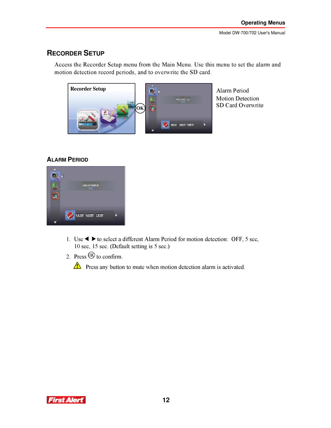 First Alert DW-700, DW-702 user manual Recorder Setup 