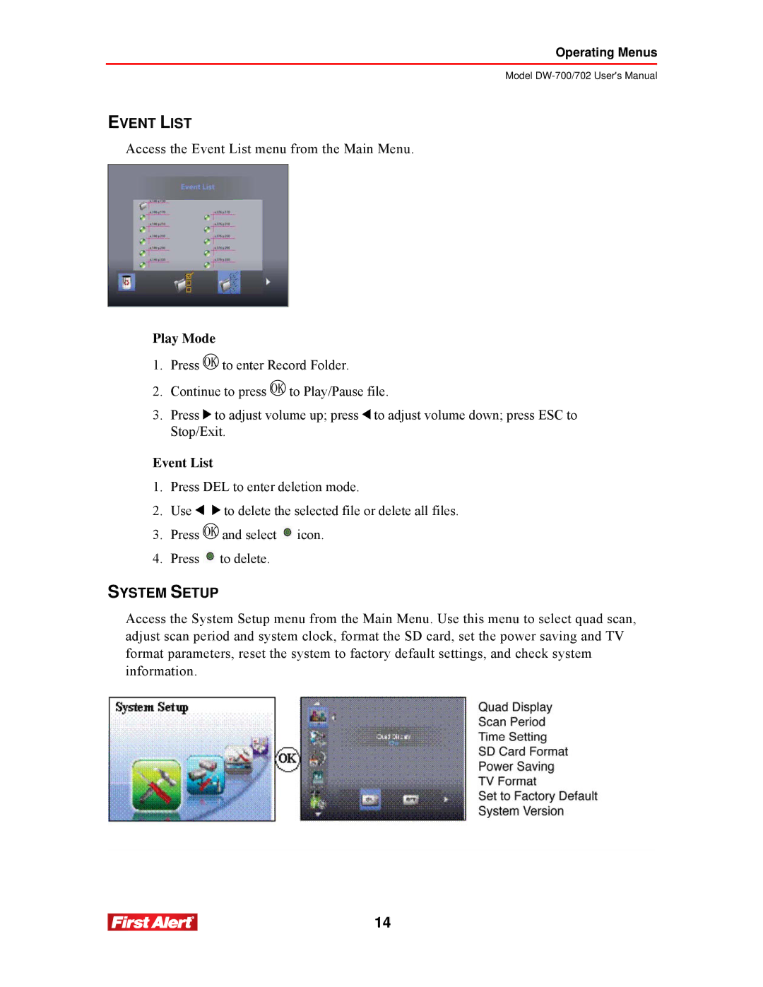 First Alert DW-700, DW-702 user manual Event List, System Setup 