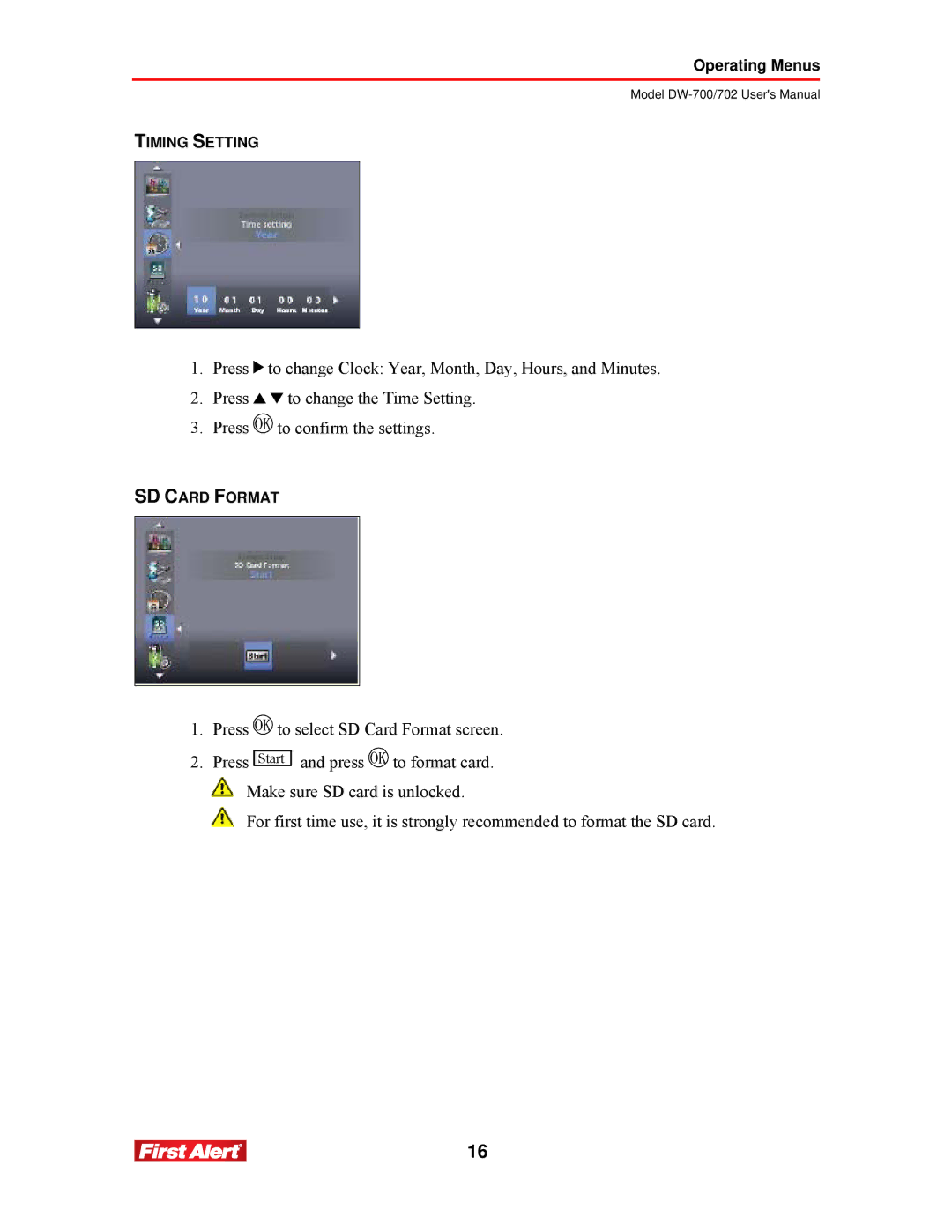 First Alert DW-700, DW-702 user manual Timing Setting 