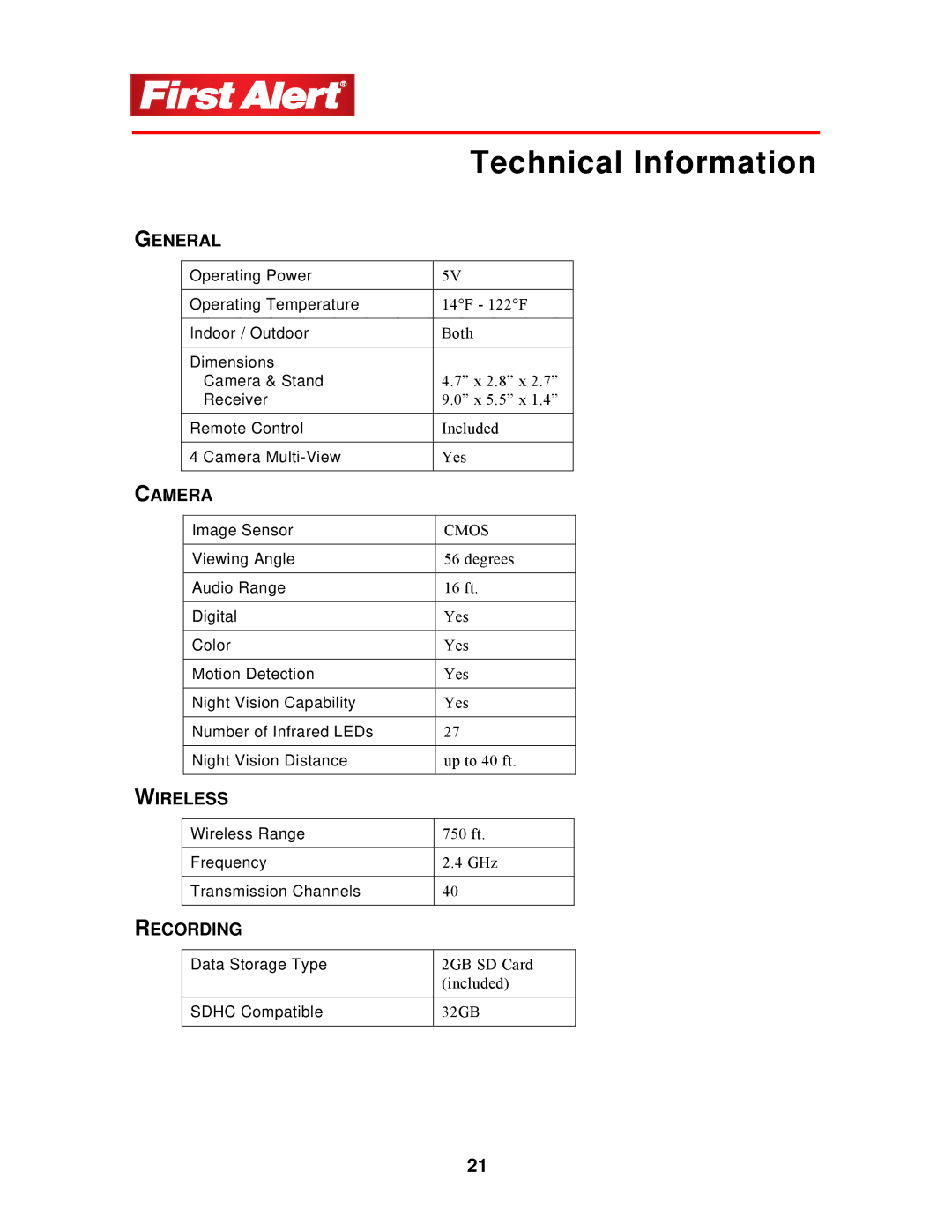 First Alert DW-702, DW-700 user manual Technical Information, General, Camera, Wireless, Recording 