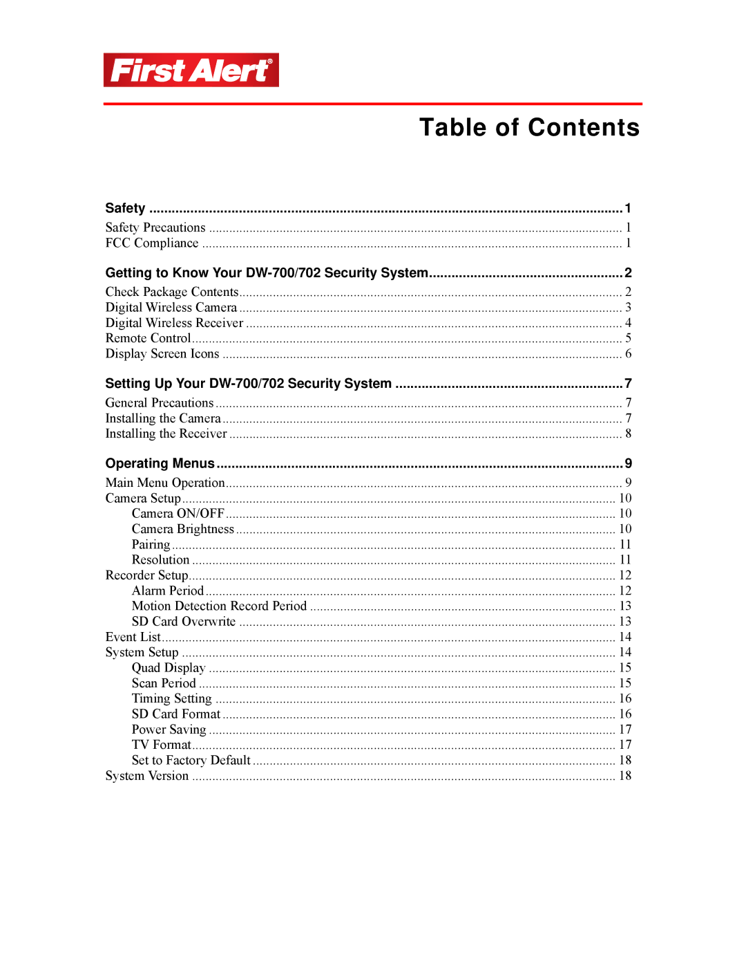 First Alert DW-702, DW-700 user manual Table of Contents 