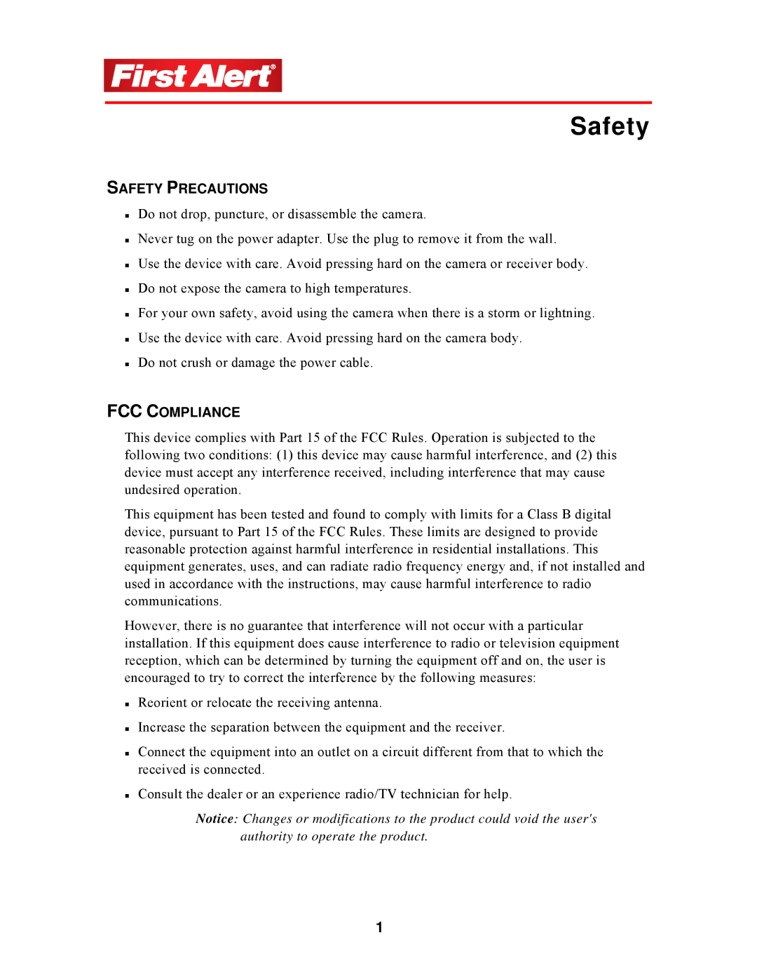 First Alert DW-702, DW-700 user manual Safety Precautions, FCC Compliance 