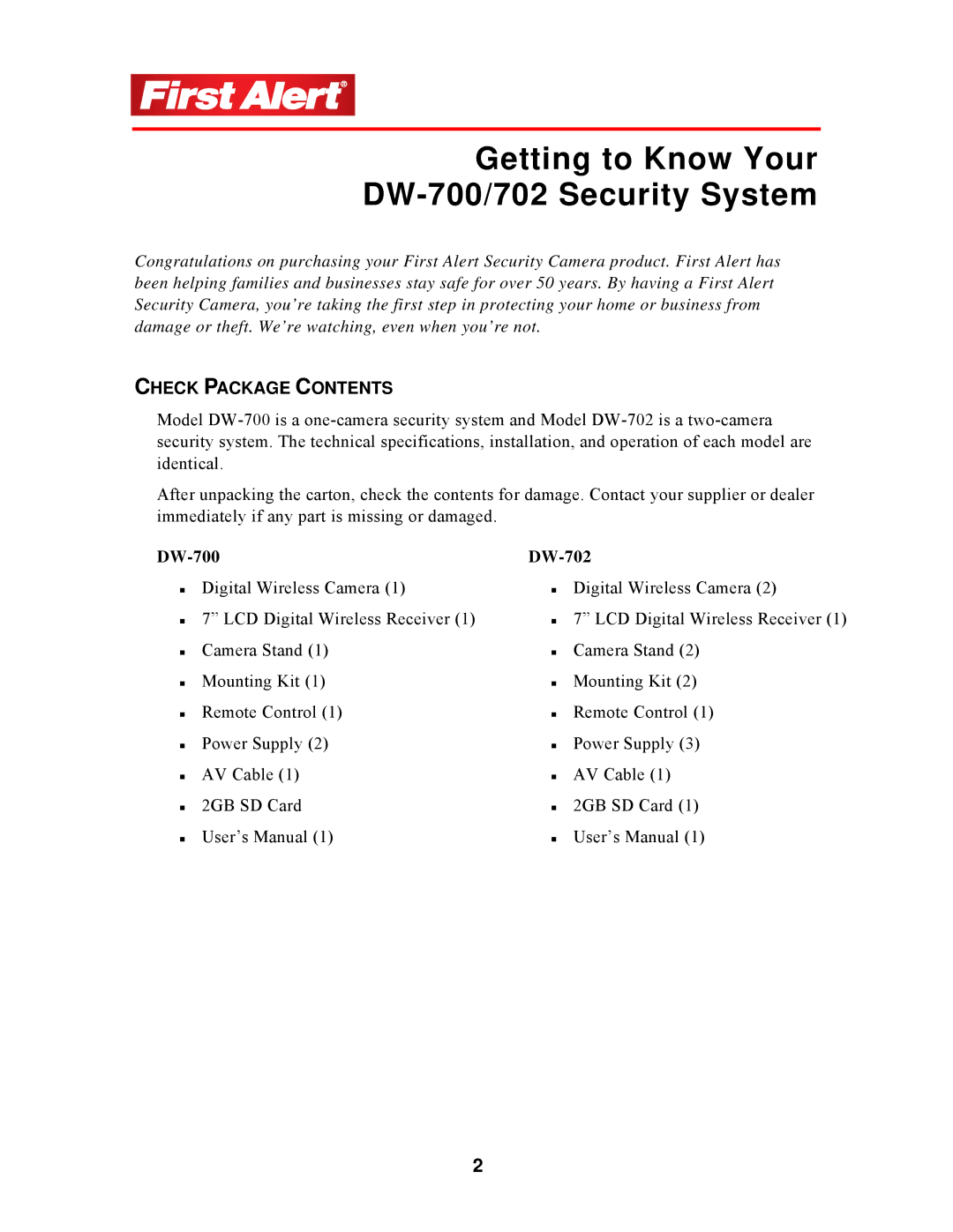 First Alert DW-702 user manual Getting to Know Your DW-700/702 Security System, Check Package Contents 