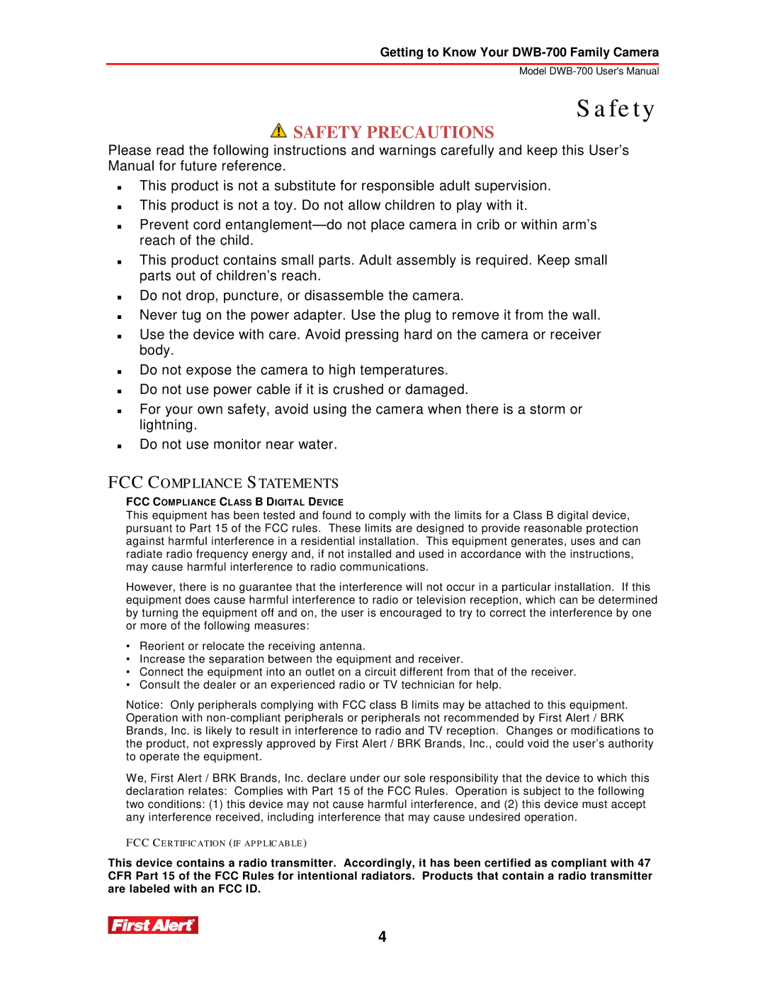 First Alert DWB-740, DWB-700 user manual Fe ty, FCC Compliance S Tatements 