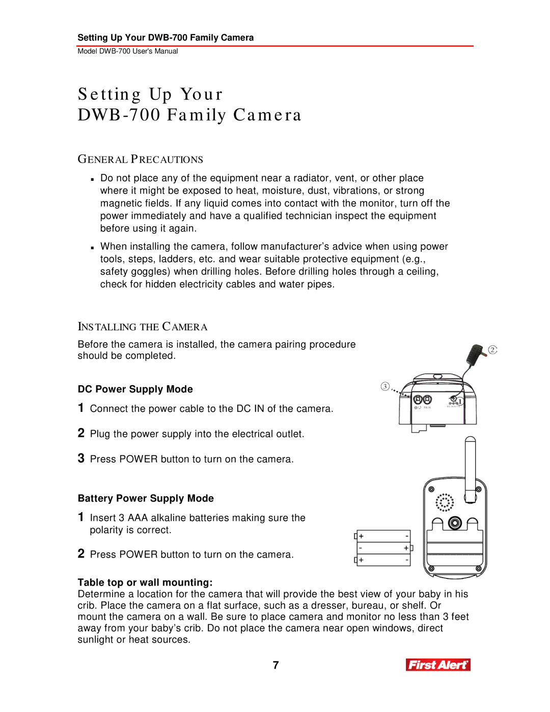 First Alert DWB-740 Ttin g Up Yo u r DWB-700 Fa m ily Ca m e ra, DC Power Supply Mode, Battery Power Supply Mode 