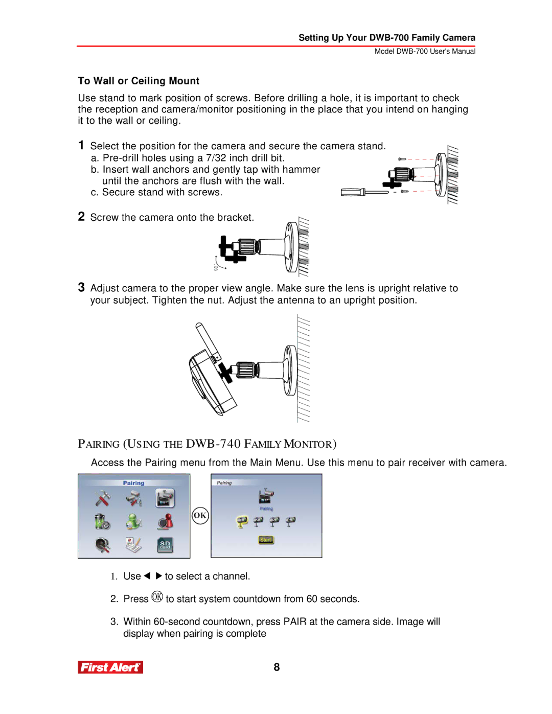 First Alert DWB-700 user manual To Wall or Ceiling Mount, Pairing Using the DWB-740 Family Monitor 