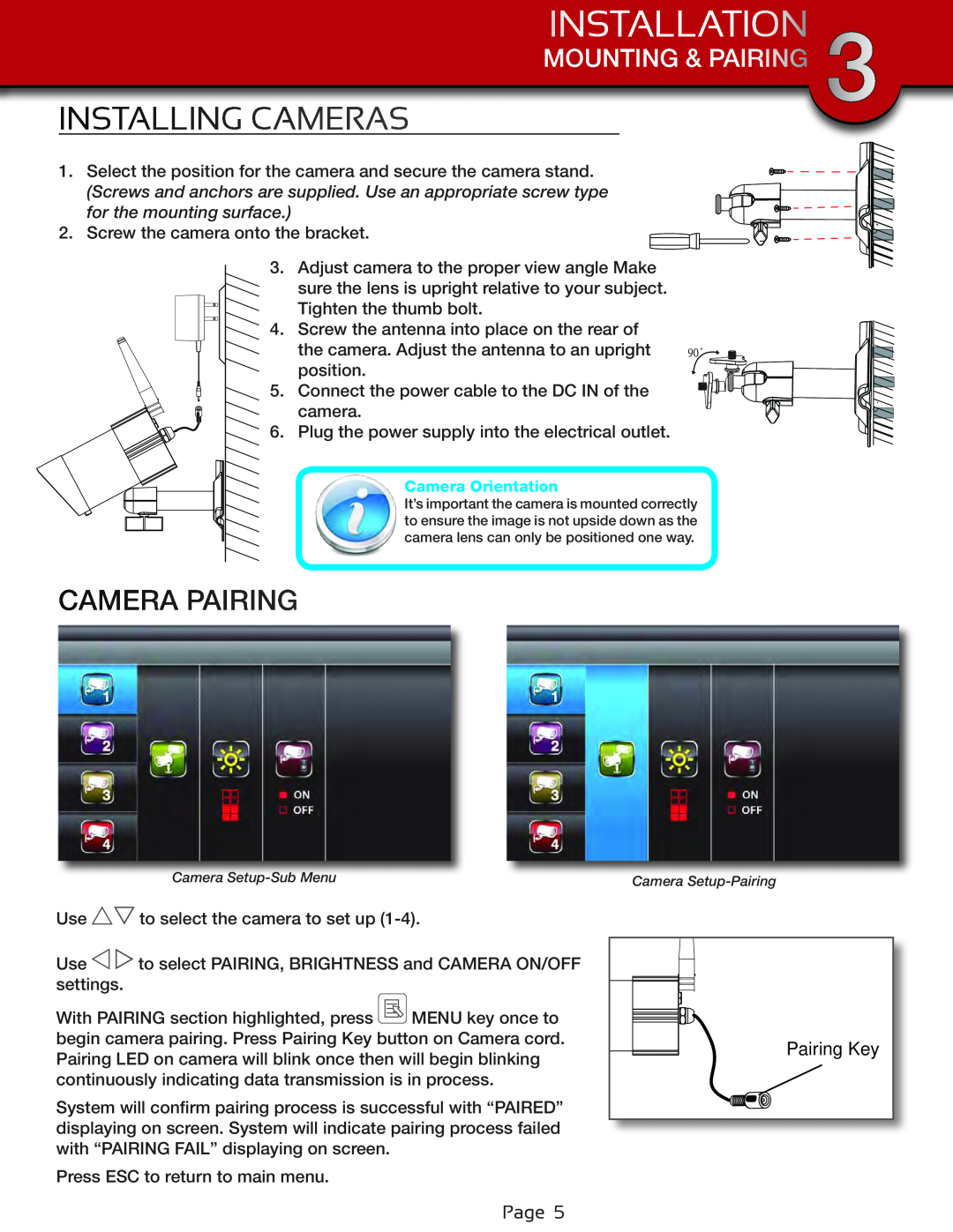 First Alert DWC-400 user manual Installation, Mounting & Pairing, Installing Cameras, Camera Pairing, Pairing Key 