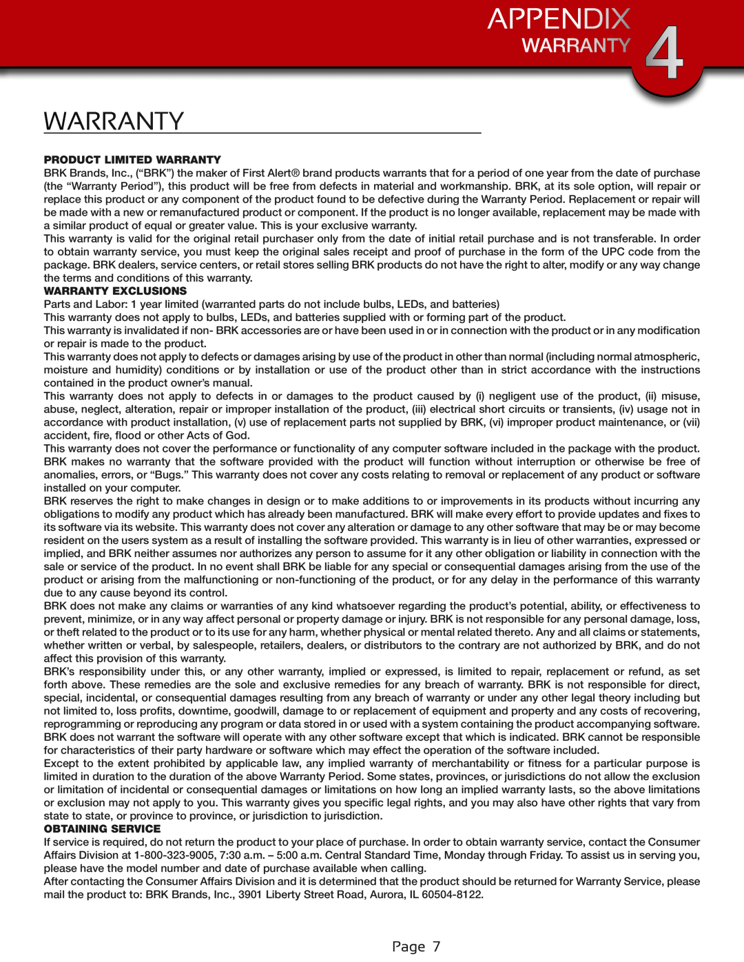 First Alert DWC-400 user manual Appendix, Product Limited Warranty, Warranty Exclusions, Obtaining Service 