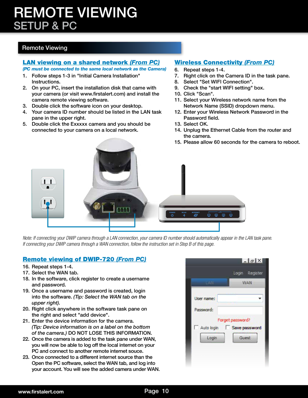 First Alert user manual Remote Viewing, Setup & PC, Remote viewing of DWIP-720 From PC 