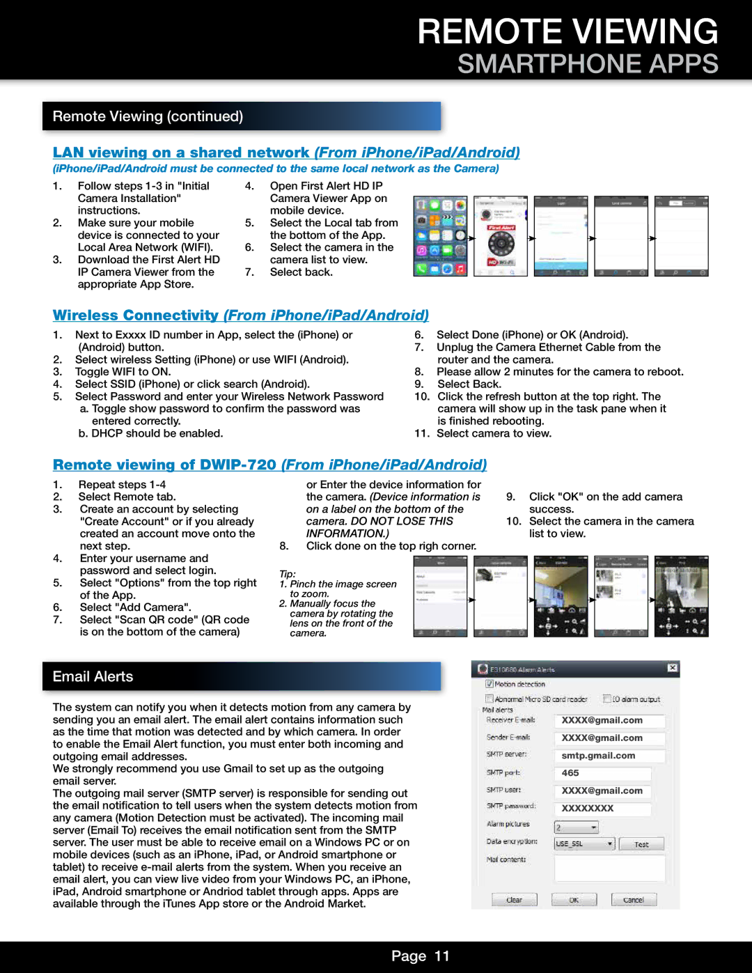 First Alert DWIP-720 user manual Smartphone Apps, LAN viewing on a shared network From iPhone/iPad/Android, Email Alerts 