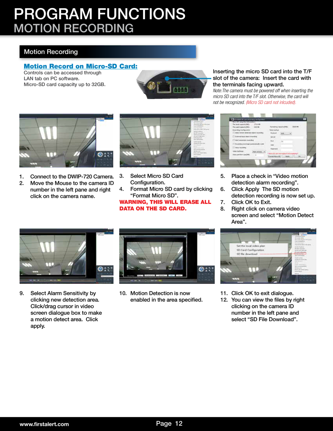 First Alert DWIP-720 user manual Motion Recording, Motion Record on Micro-SD Card 