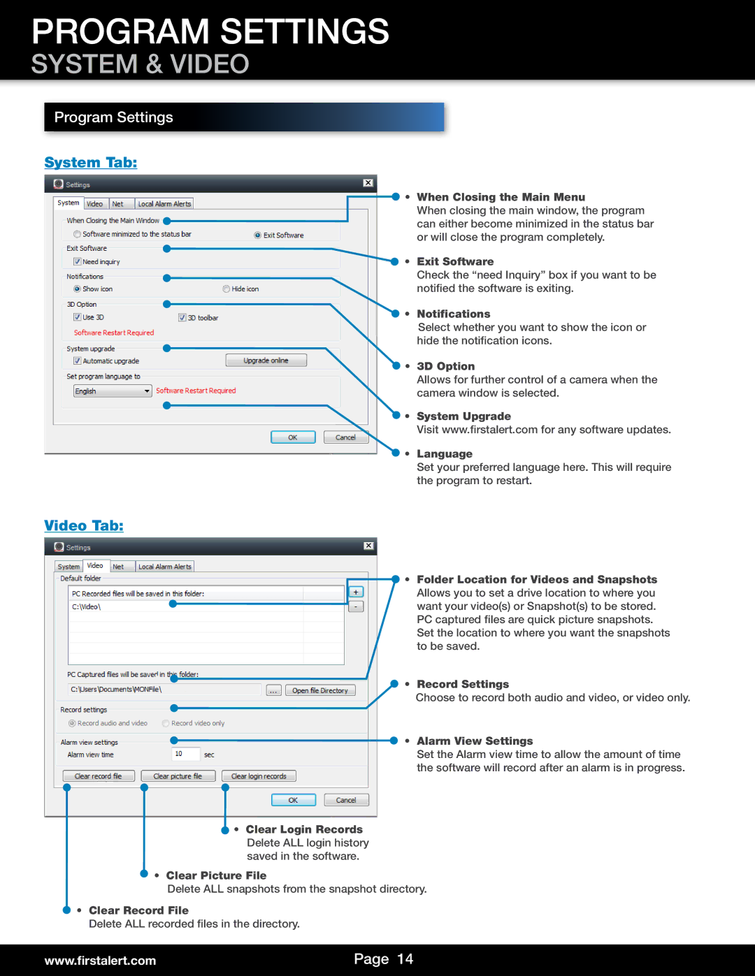 First Alert DWIP-720 user manual Program Settings, System & Video, System Tab, Video Tab 