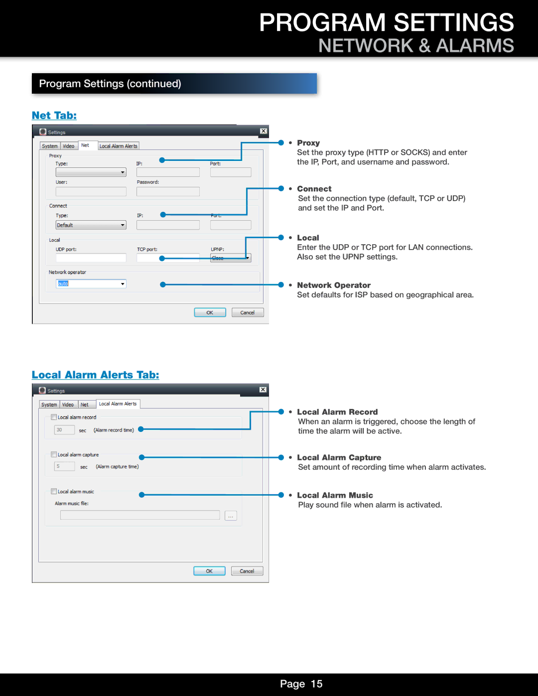 First Alert DWIP-720 user manual Network & Alarms, Net Tab, Local Alarm Alerts Tab 