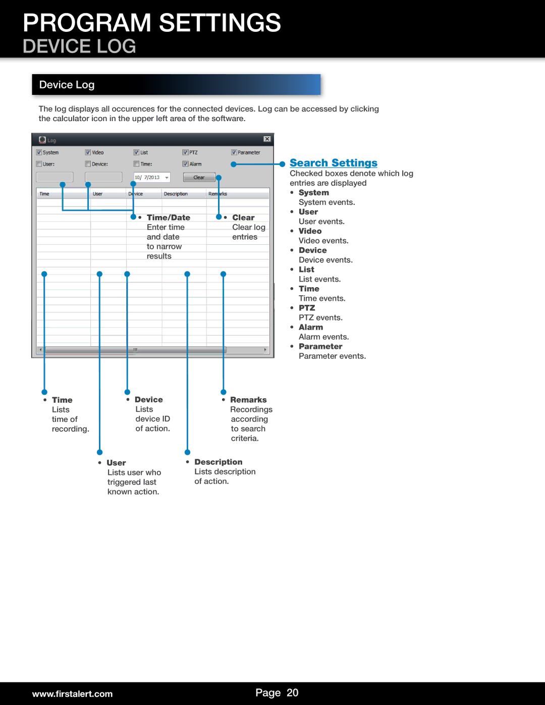 First Alert DWIP-720 user manual Device LOG, Device Log, Search Settings 