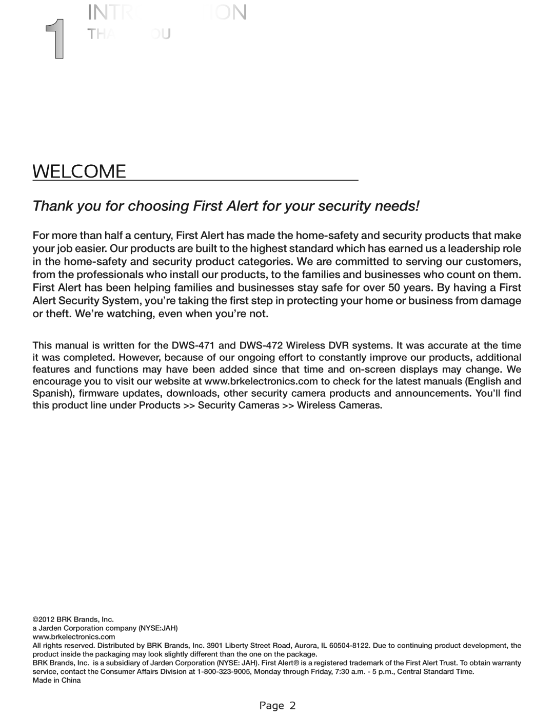 First Alert DWS-472, DWS-471 user manual Introduction, Welcome 