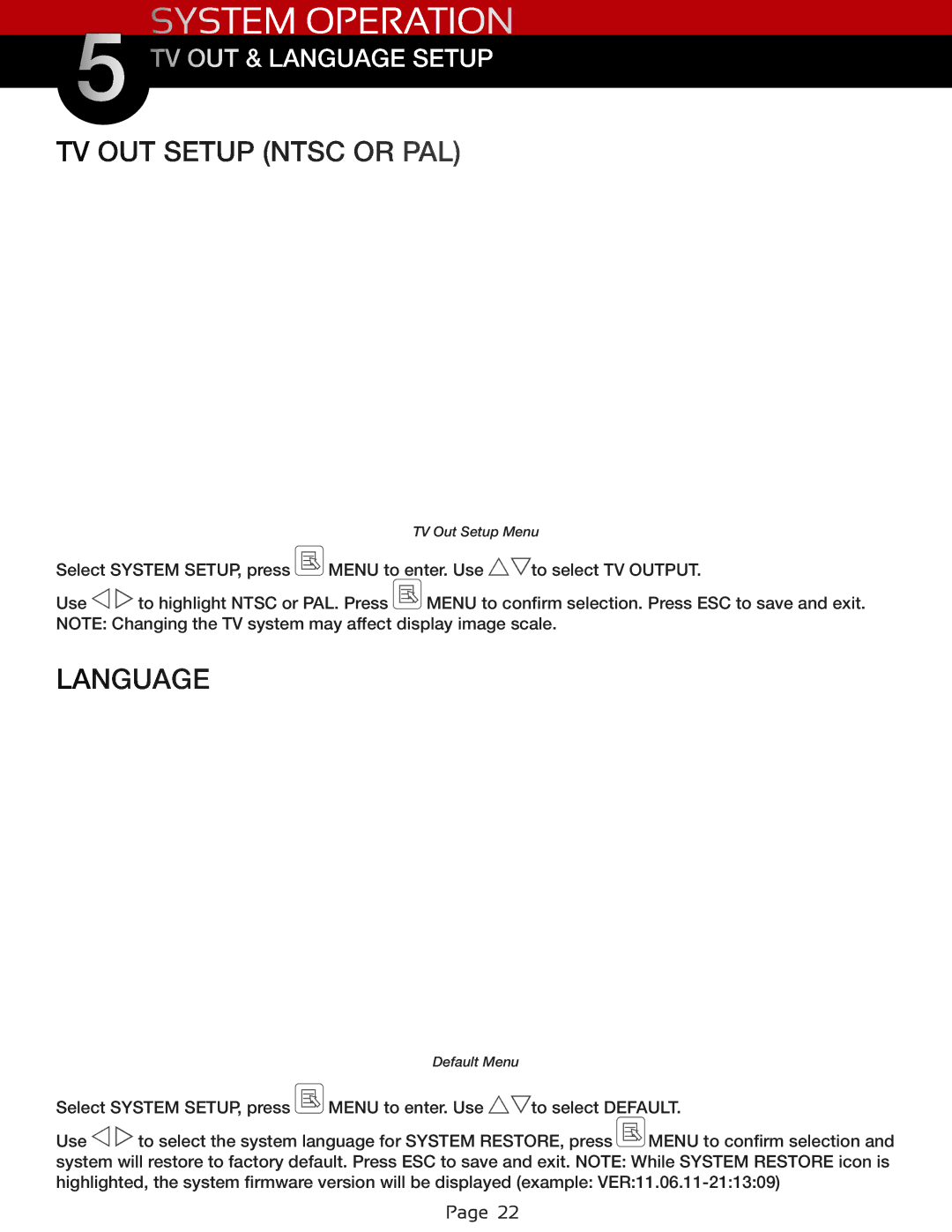 First Alert DWS-472, DWS-471 user manual TV OUT Setup Ntsc or PAL, Language 