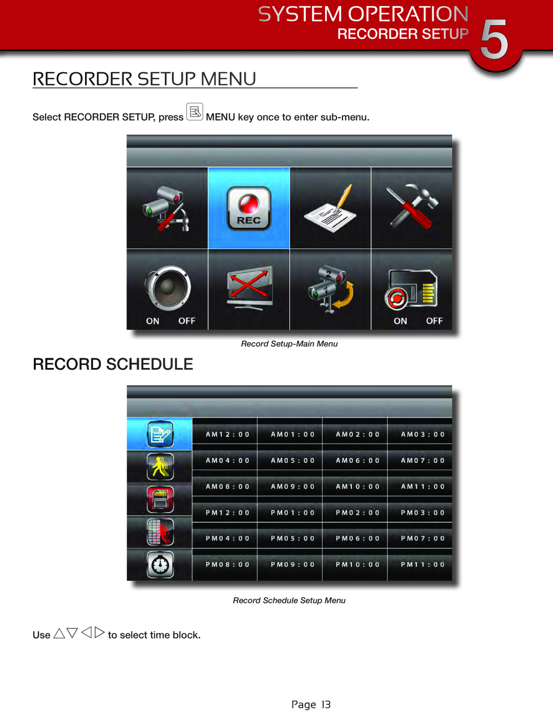 First Alert DWS-471, DWS-472 user manual Recorder Setup Menu, Record Schedule, System Operation, Record Setup-MainMenu 