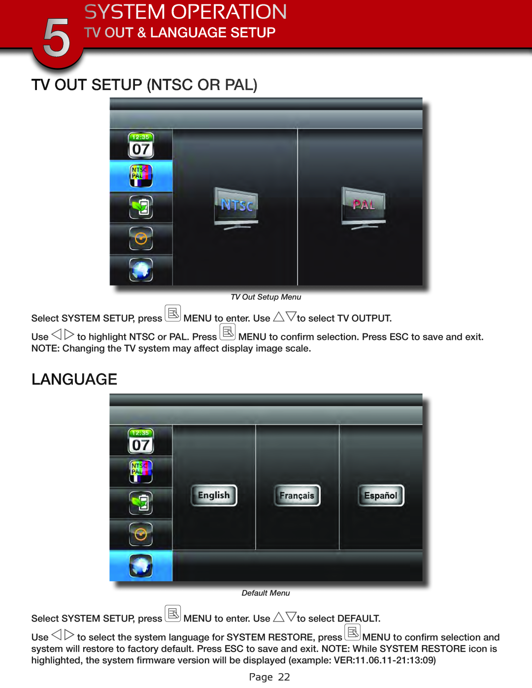 First Alert DWS-472, DWS-471 user manual Tv Out Setup Ntsc Or Pal, Tv Out & Language Setup, System Operation 
