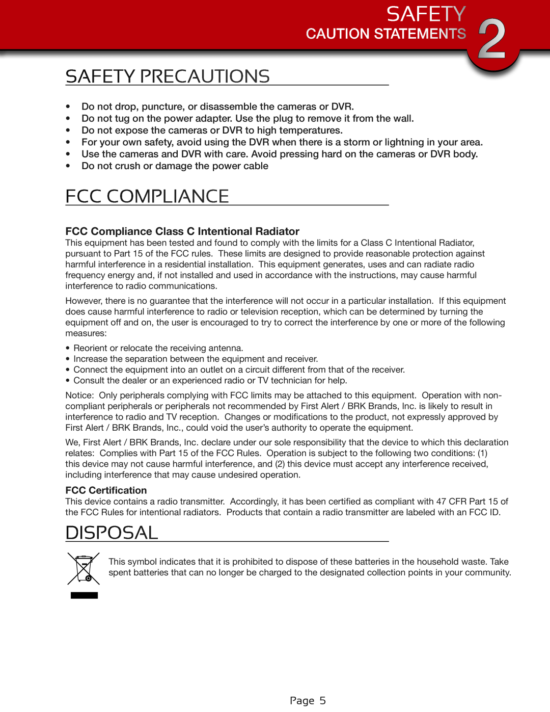 First Alert DWS-471, DWS-472 Safety Precautions, Fcc Compliance, Disposal, Caution Statements, FCC Certification 