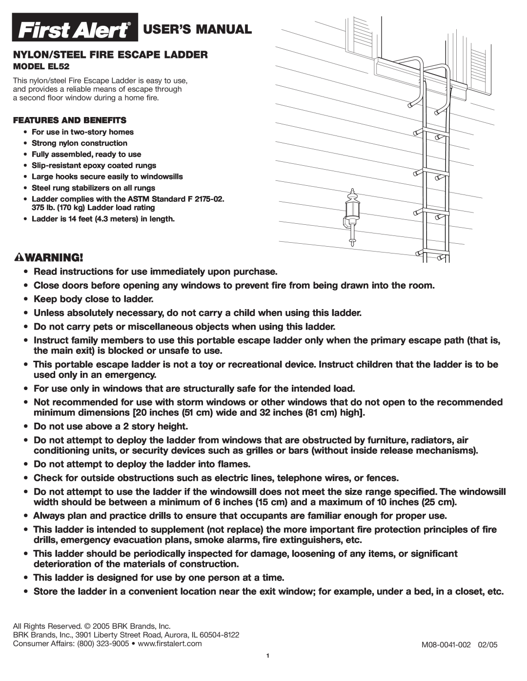 First Alert EL52 user manual Nylon/Steel Fire Escape Ladder 