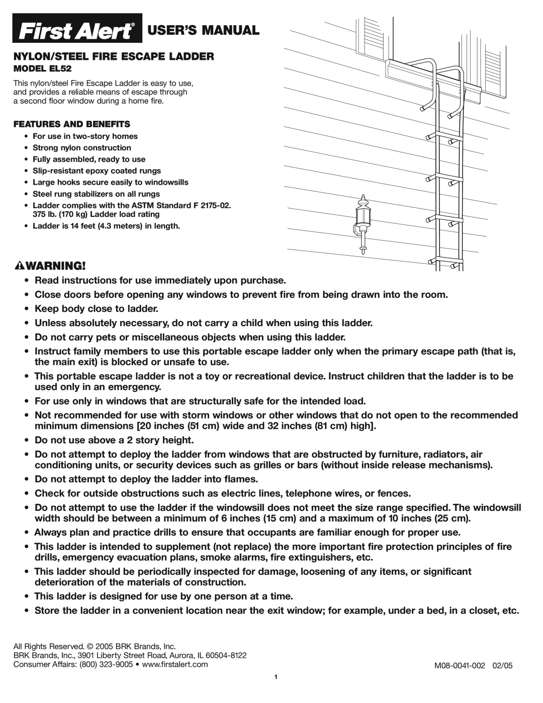 First Alert EL52 user manual Nylon/Steel Fire Escape Ladder 