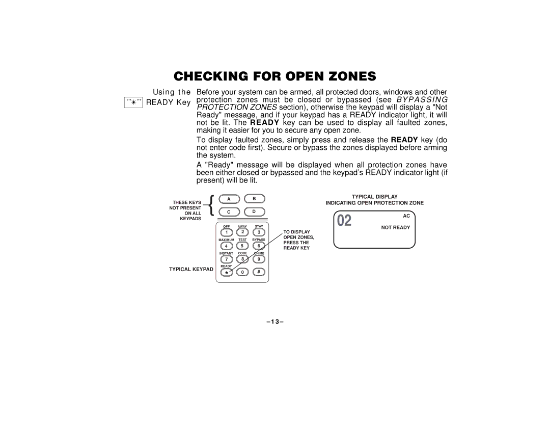 First Alert FA120C user manual Checking for Open Zones, Using the Ready Key 