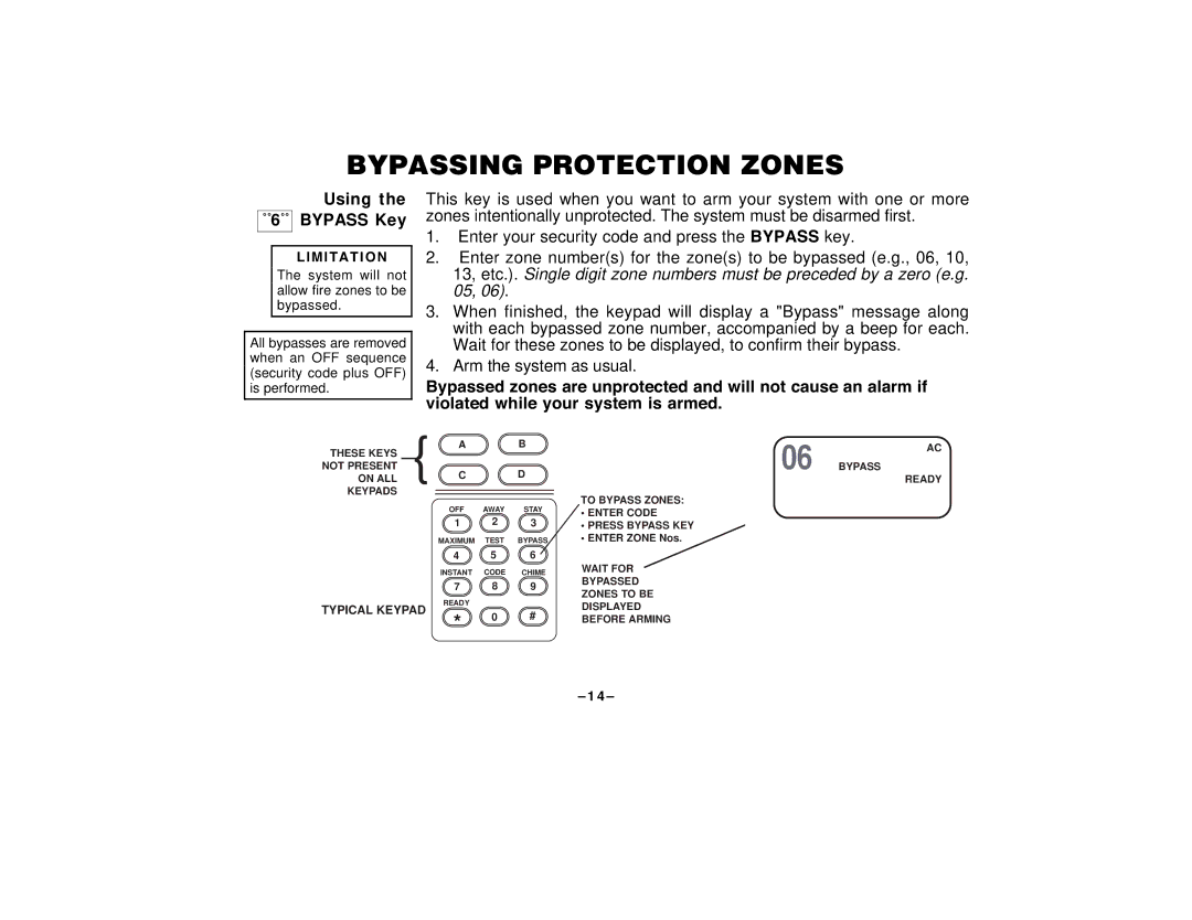 First Alert FA120C user manual Bypassing Protection Zones, Using, Bypass Key, Limitation 