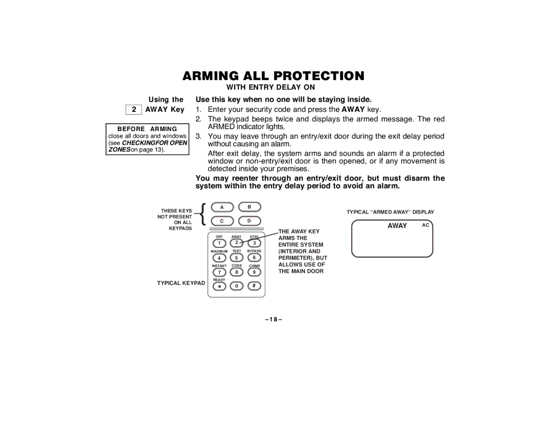 First Alert FA120C user manual Arming ALL Protection, Away 