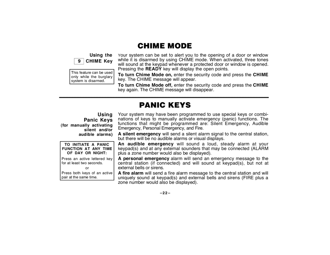 First Alert FA120C user manual Chime Mode, Panic Keys, To Initiate a Panic Function AT ANY Time of DAY or Night 