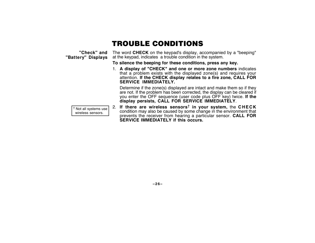 First Alert FA120C user manual Trouble Conditions, Check and Battery Displays 