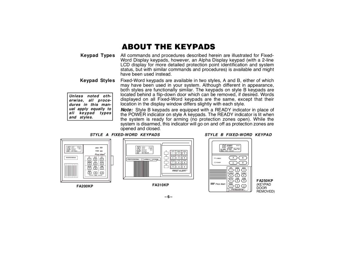 First Alert FA120C user manual About the Keypads, Keypad Styles, FA250KP 