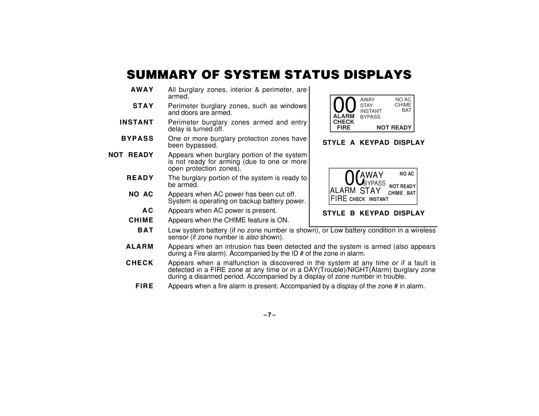 First Alert FA120C user manual Summary of System Status Displays, Not Ready 