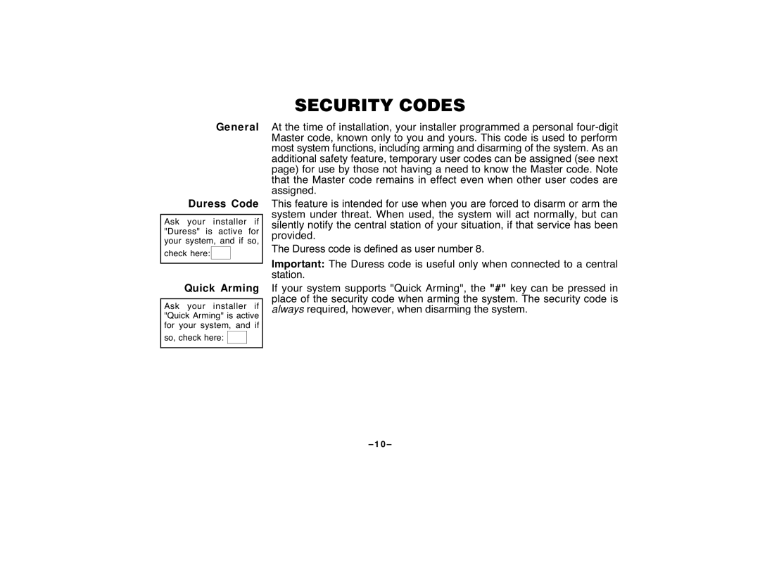First Alert FA120C user manual Security Codes, General Duress Code, Quick Arming 