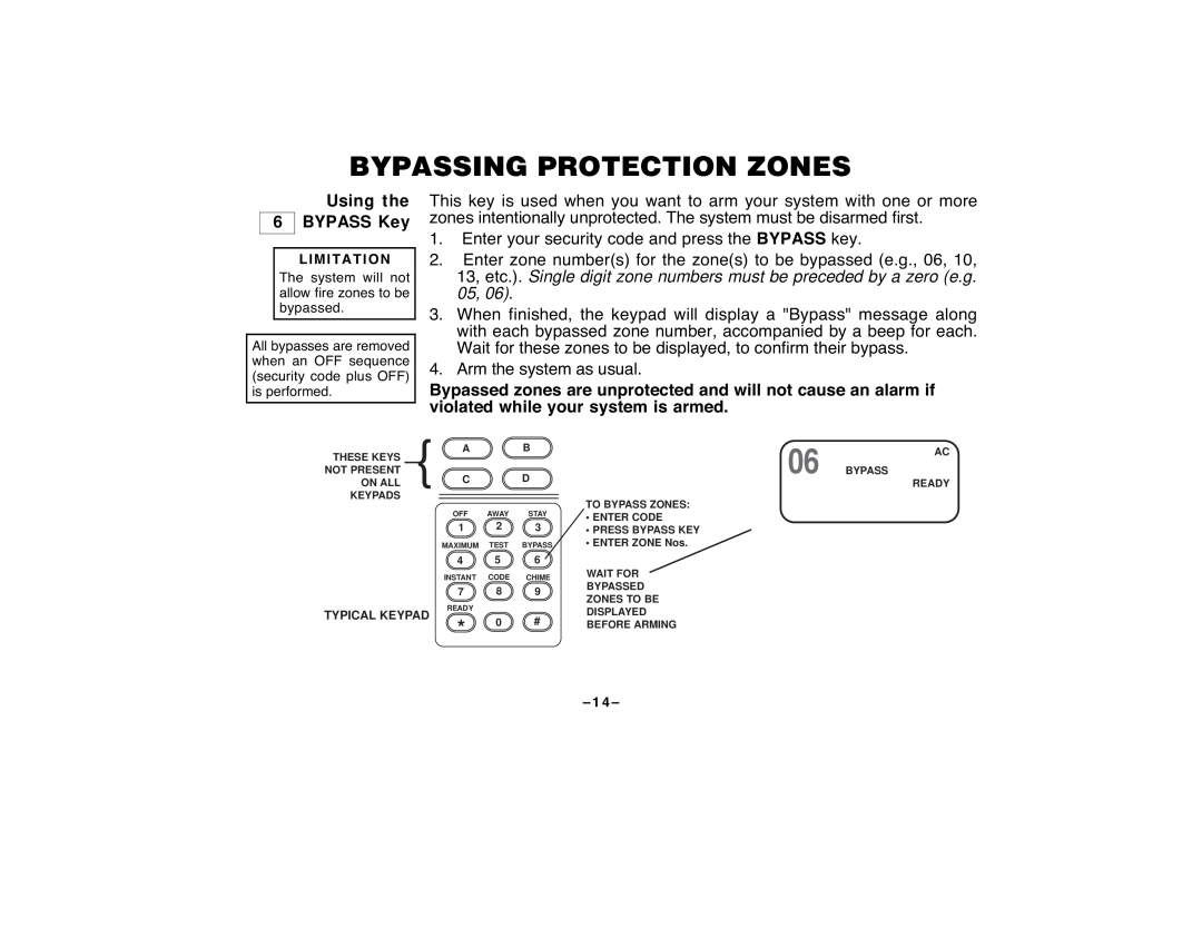 First Alert FA120C user manual Bypassing Protection Zones, Using the, BYPASS Key 