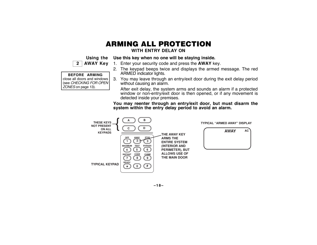 First Alert FA120C user manual Arming All Protection, With Entry Delay On 