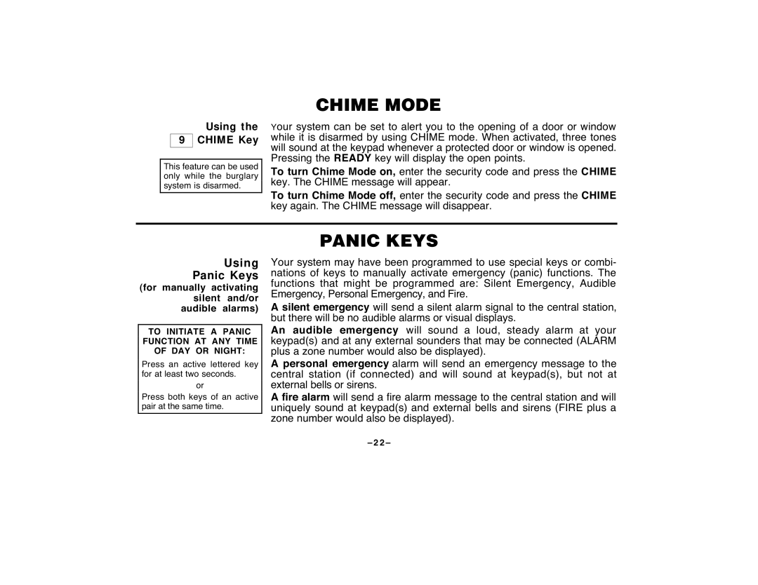 First Alert FA120C user manual Chime Mode, Using Panic Keys 