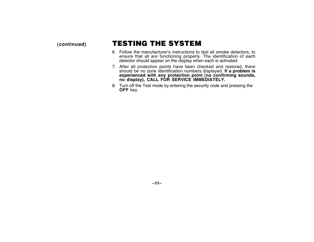 First Alert FA120C user manual continued TESTING THE SYSTEM, Ð 2 5 Ð 