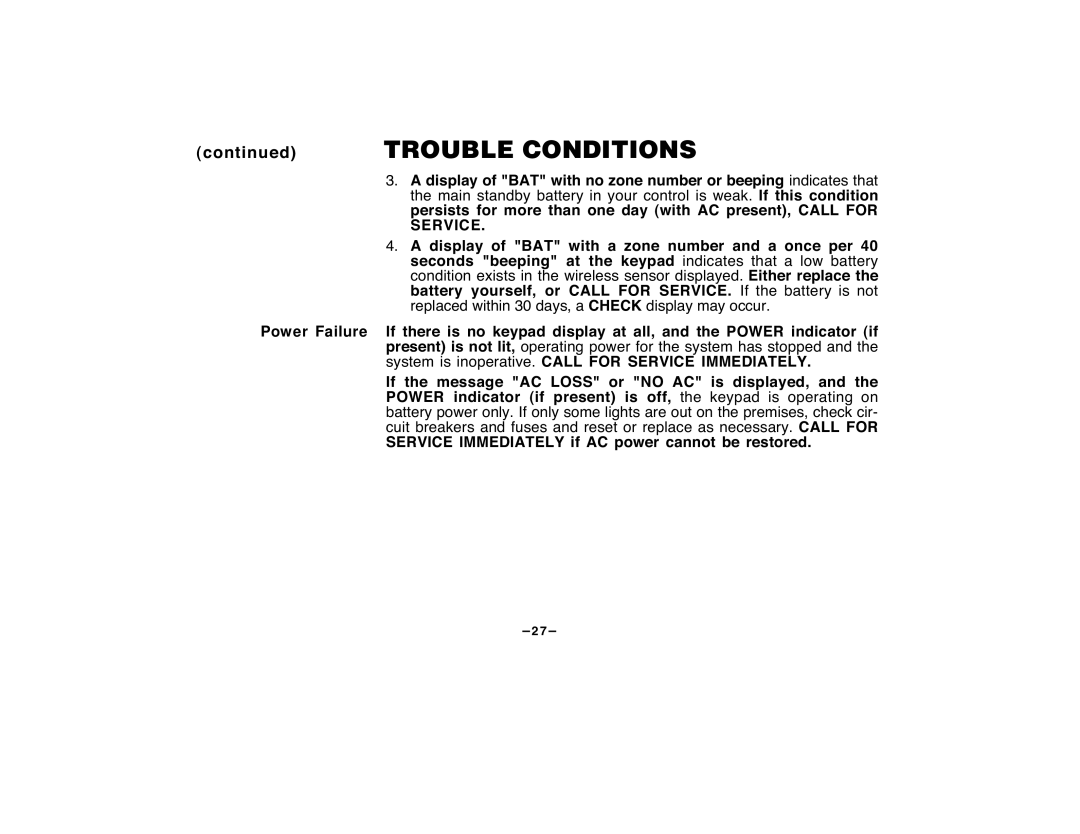 First Alert FA120C user manual continued TROUBLE CONDITIONS, Ð27Ð 