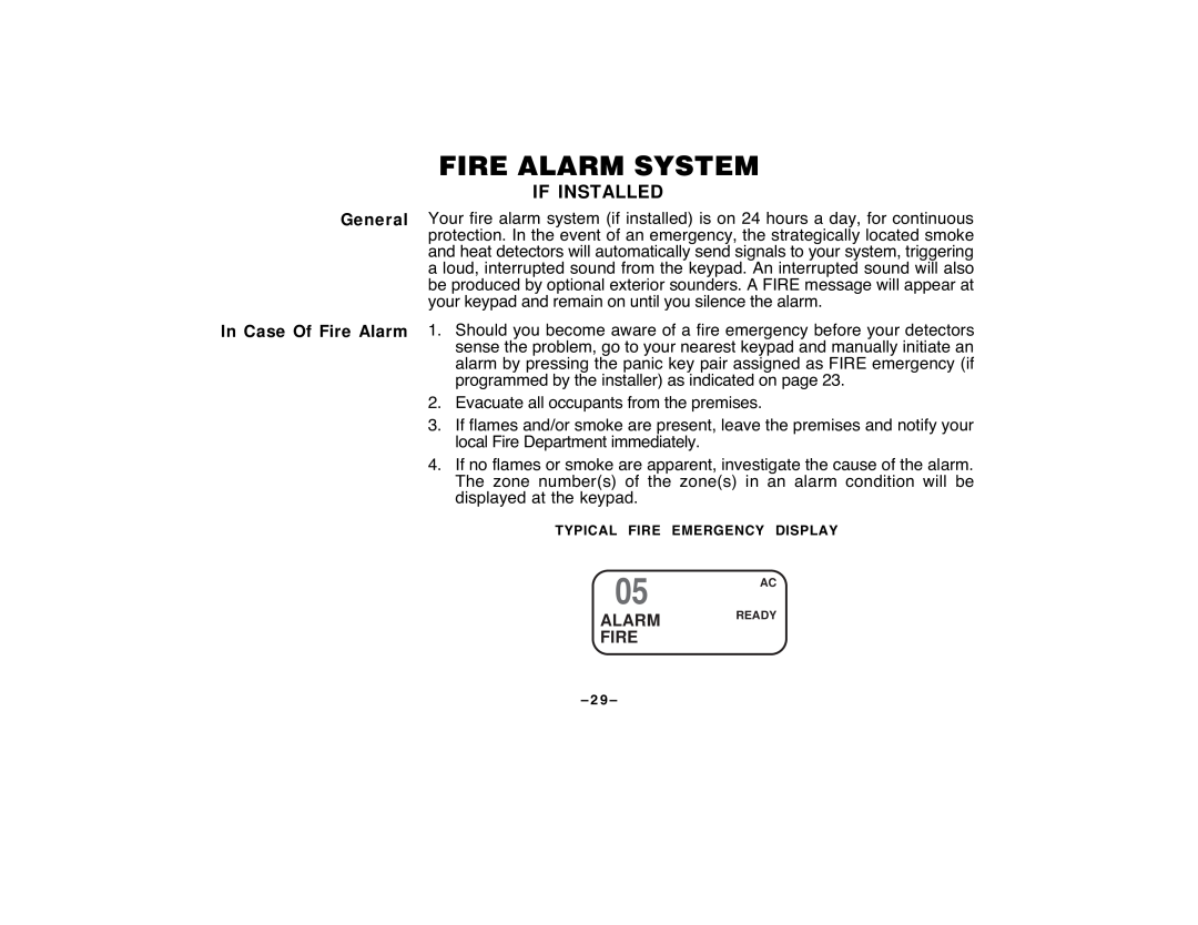 First Alert FA120C user manual Fire Alarm System, If Installed, General In Case Of Fire Alarm, Alarm Fire 